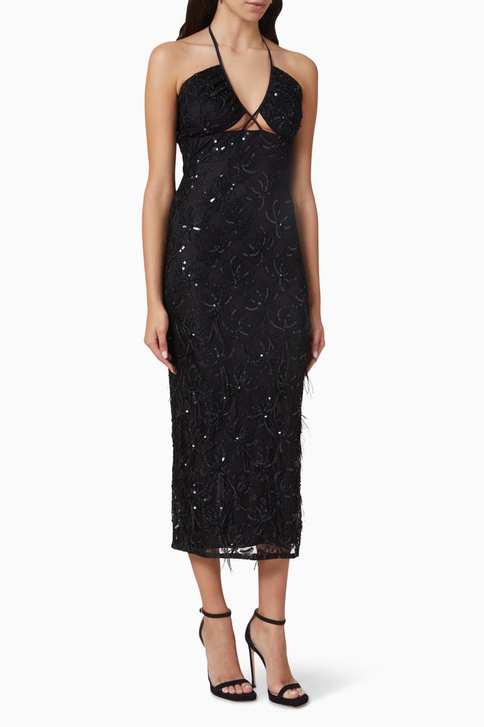 

Remi Midi Dress in Beads & Feather, Black