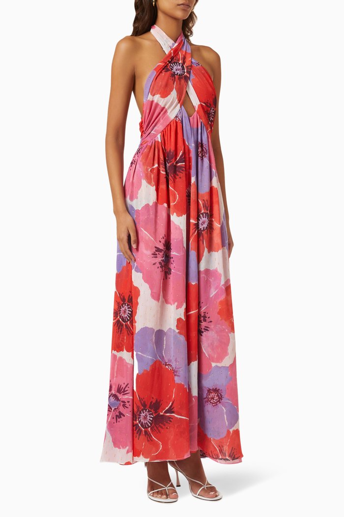 

Alexandra Floral-print Halter Maxi Dress in Chiffon, Red