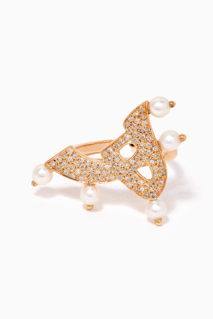 

Letter 'H' Diamond & Pearl Ring in 18kt Gold, Yellow