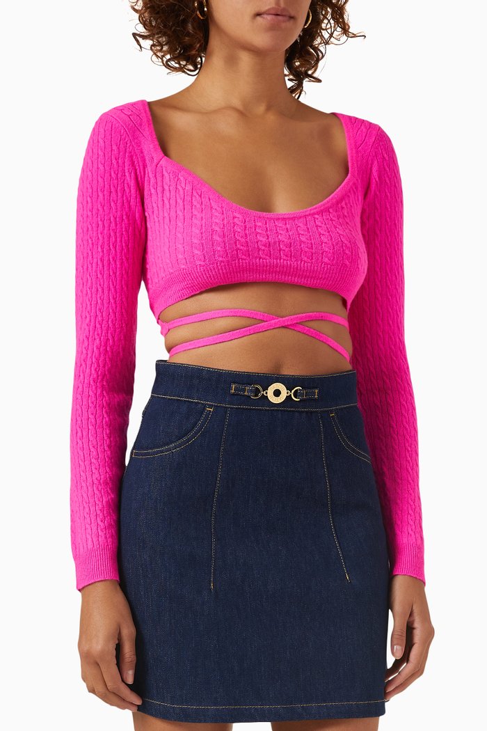 

Wrap-back Crop Top in Cable Knit, Pink