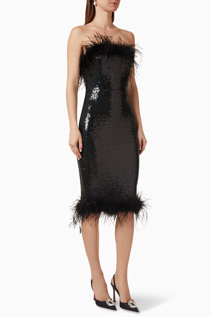 

Bandeau Feather Midi Dress in Sequins, Black
