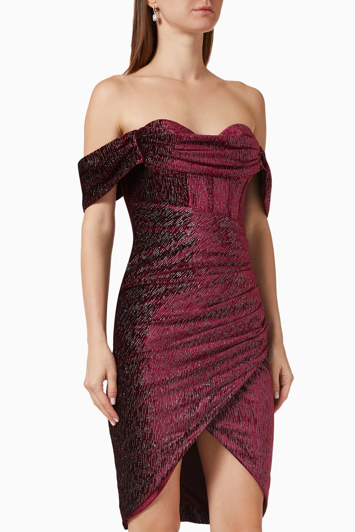 

Off-shoulder Diamante Midi Dress in Velvet, Burgundy