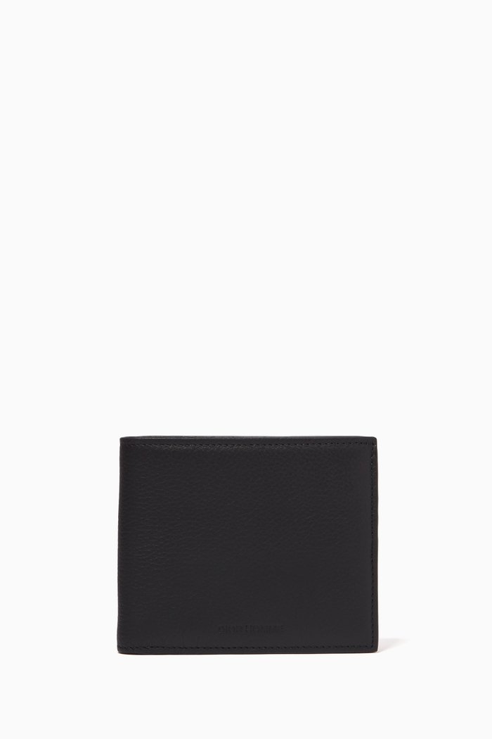Embossed Logo Bi-fold Wallet in Leather, Black