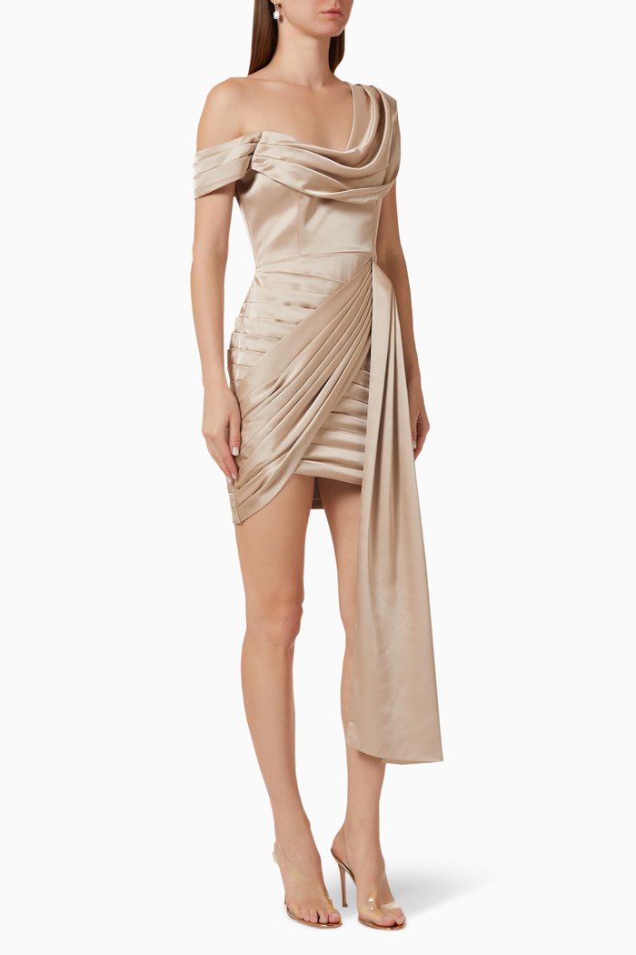 

One-shoulder Midi Dress in Satin, Neutral