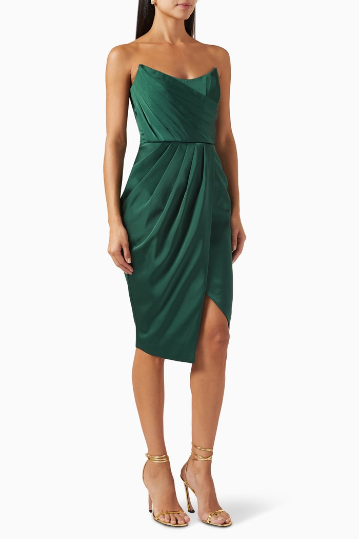 

Draped Corset Midi Dress in Satin, Green