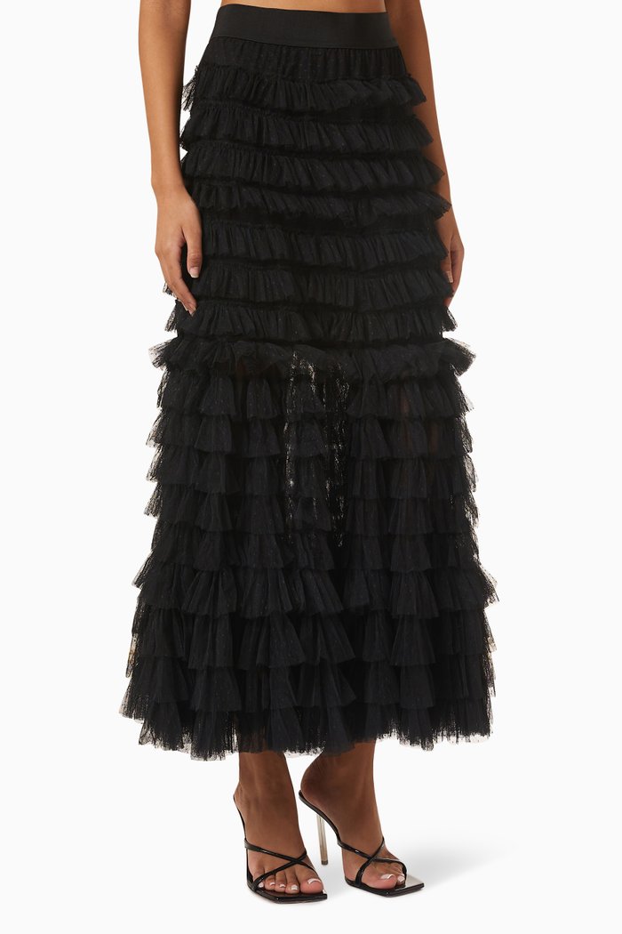 

Jalica Ruffle Maxi Skirt in Dotted Tulle, Black
