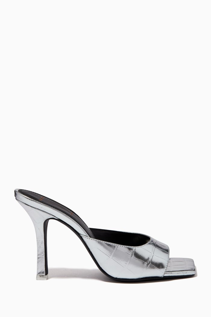 

Celine 90 Sandals in Croc-embossed Metallic Leather, Silver