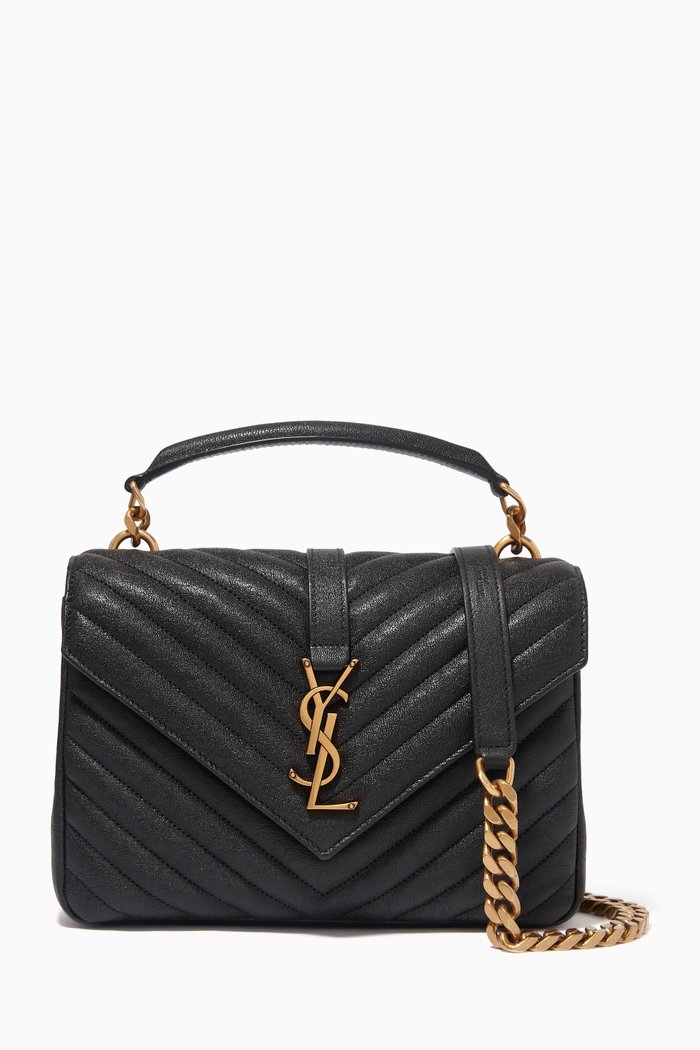 Medium College Chain Quilted Shoulder Bag in Leather, Black