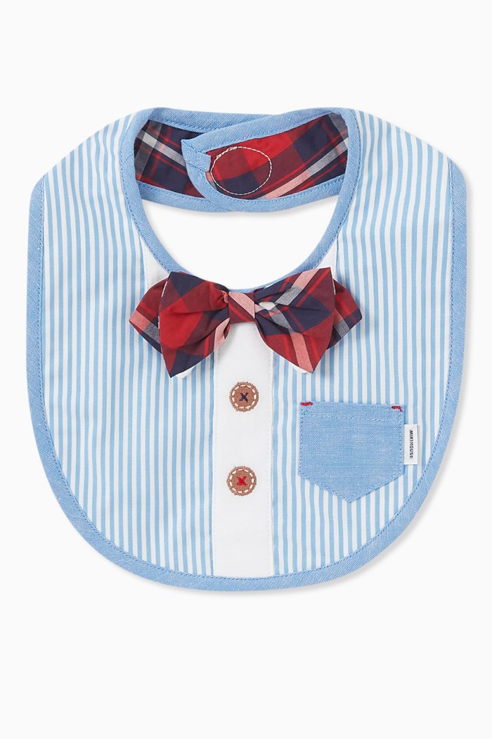 

Bow Tie Embroidered Bib in Pure Cotton, Blue