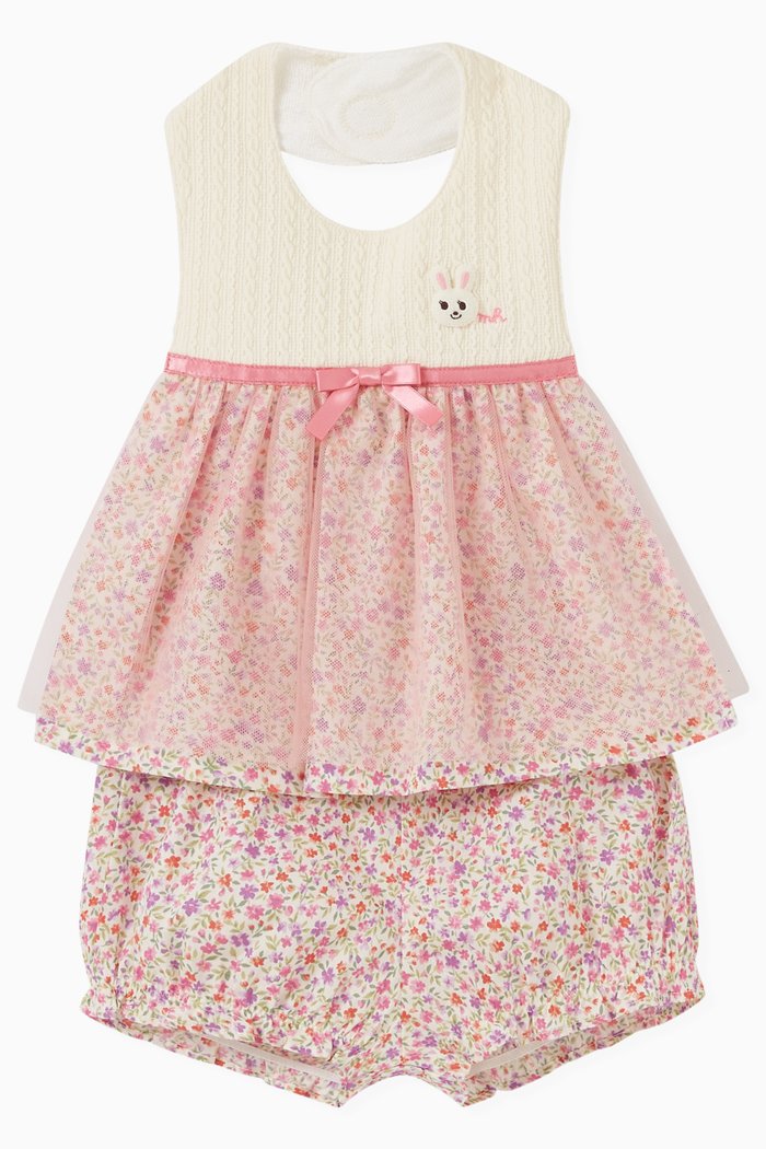 

Floral-print Bib & Bloomers Set in Cotton-blend, Pink