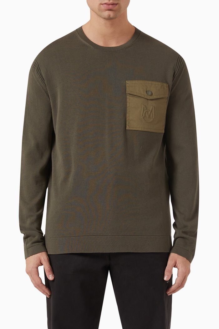 

Embossed Logo Patched Pocket Sweater in Cotton Knit, Green