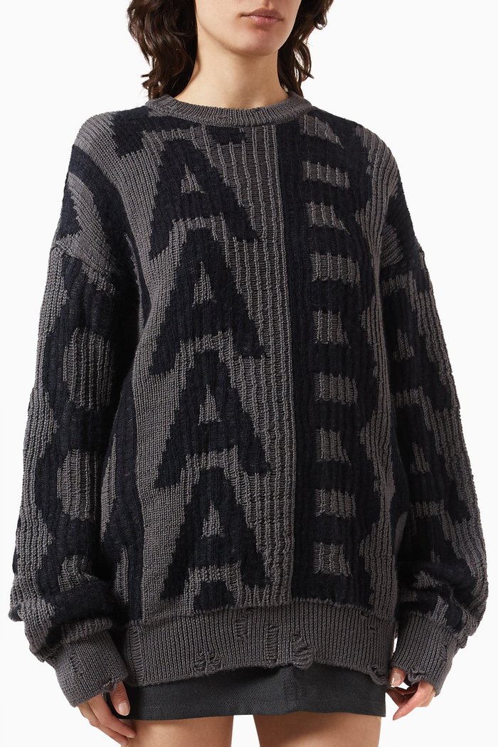 

Monogram Distressed Sweater in Wool-blend Knit, Black