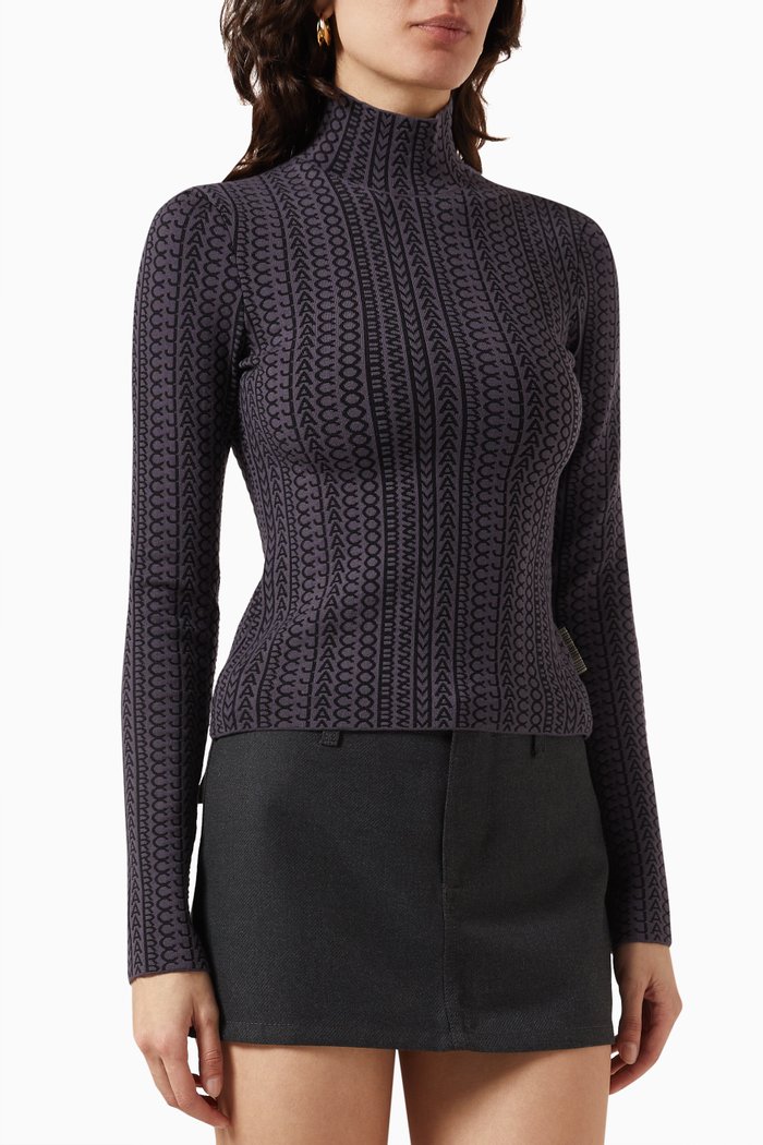 

Monogram Turtleneck Top in Stretch Wool-blend Knit, Black