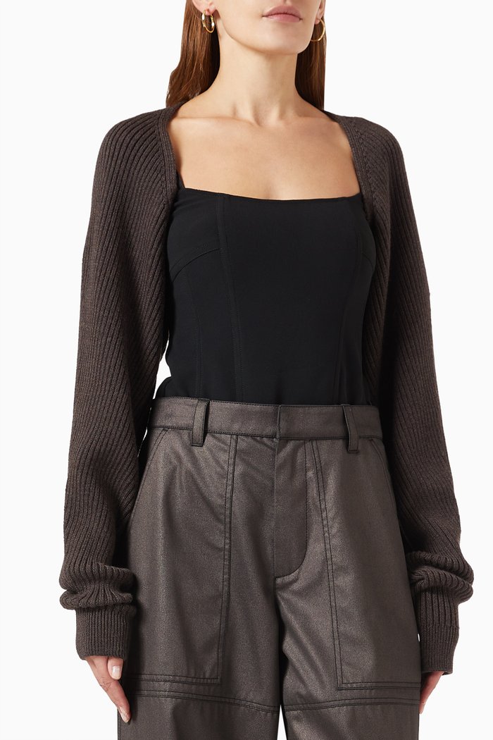 

Ribbed Bolero Cardigan in Merino Wool, Brown