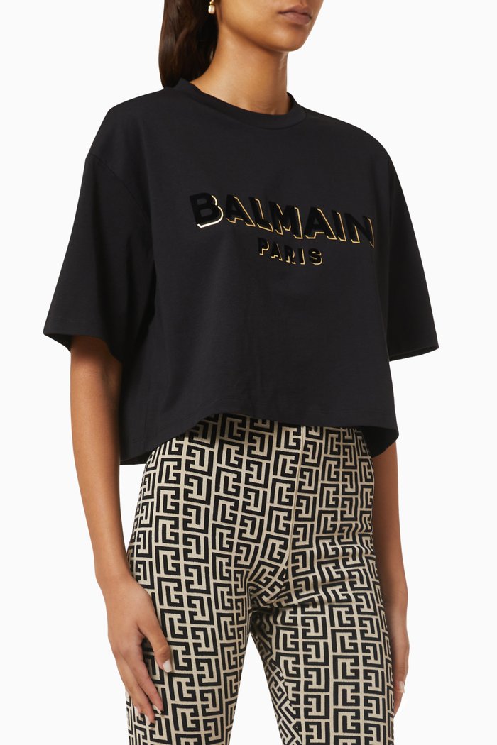 

Flocked Logo Crop T-shirt in Cotton-jersey, Black