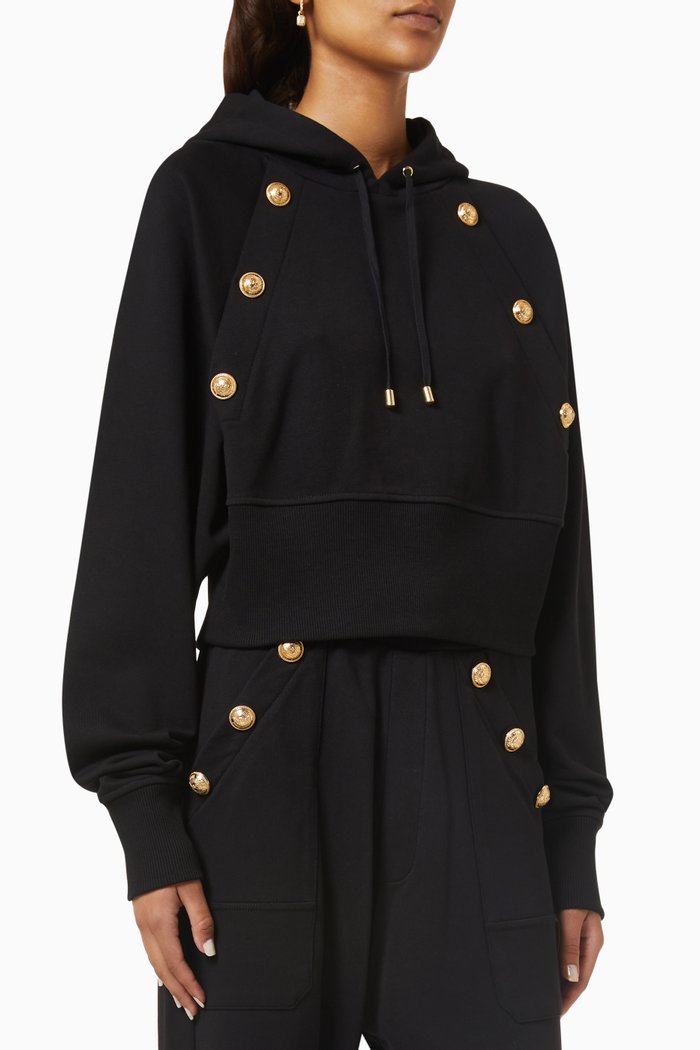 

Button-detail Crop Hoodie in Organic-cotton, Black