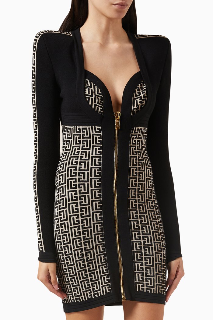 

Monogram Mini Dress in Wool-blend Knit, Black