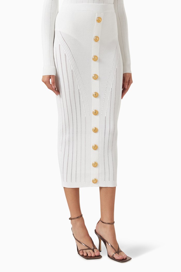 

Buttoned Midi Skirt in Ribbed-knit, White