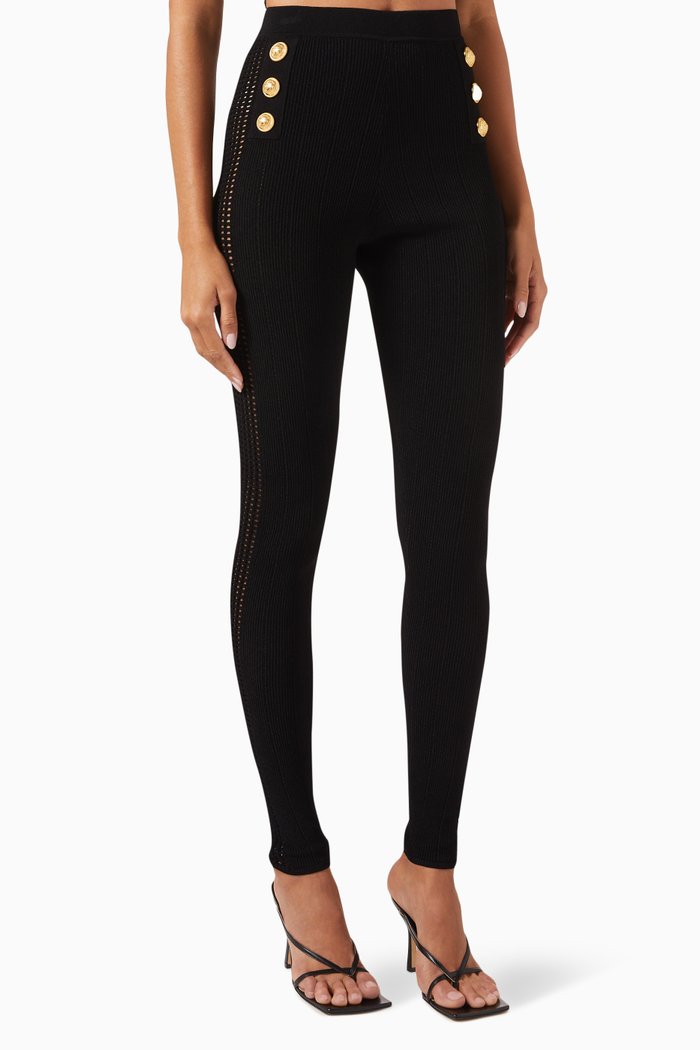 Mesh-trim Leggings in Ribbed-knit, Black