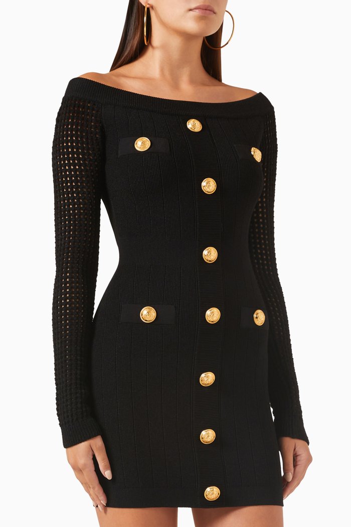 

Off-shoulder Dress in Mesh-knit, Black