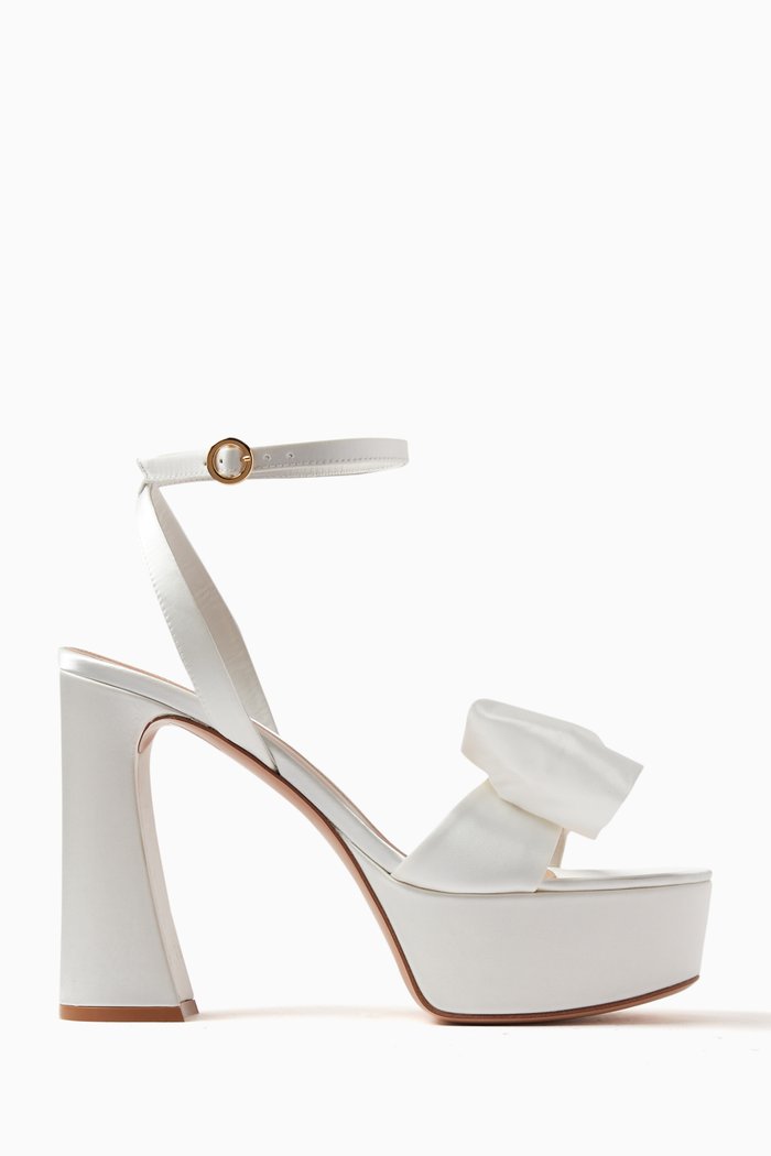 

Rose Embroidered Platform Sandals in Satin, White