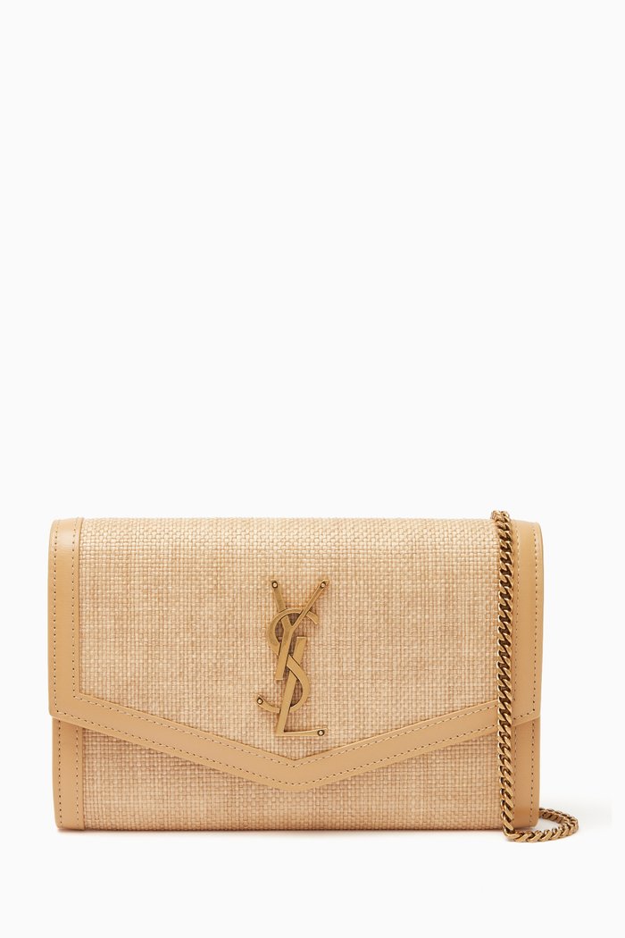 

Uptown Chain Wallet in Micro Raffia, Brown