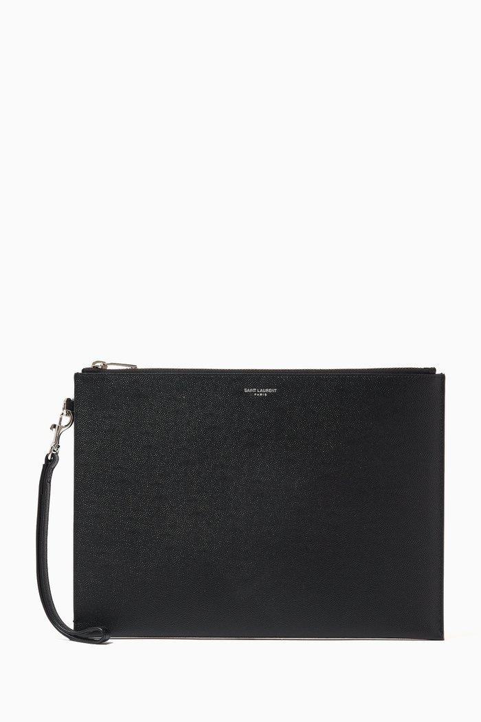 Logo Tablet Holder in Grain de Poudre Embossed Leather, Black