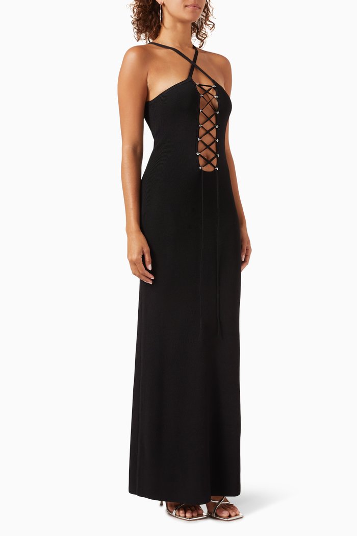 

Oceane Lace-up Maxi Dress in Ribbed-knit, Black