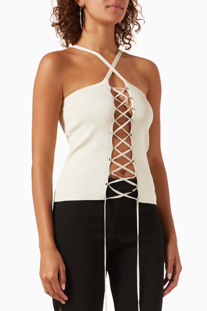 

Oceane Lace-up Top in Ribbed-knit, Neutral