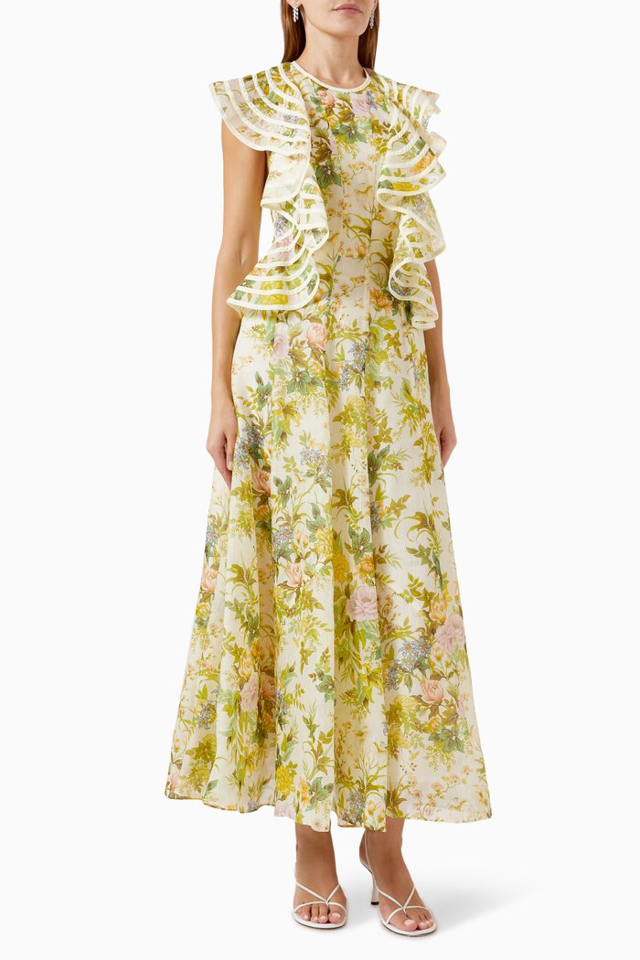 

Eden Flounce Midi Dress in SIlk-linen, Multicolour