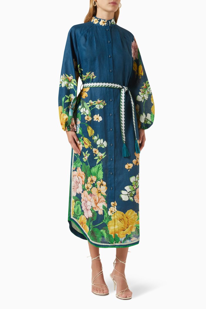 

Lyla Midi Shirtdress in Linen, Blue
