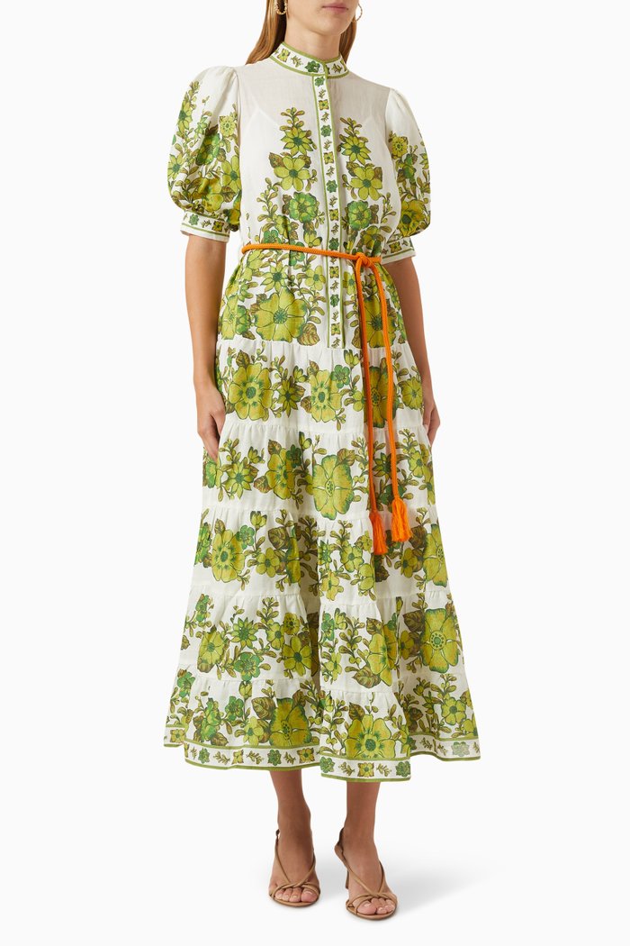 

Wallis Floral-print Tiered Midi Dress in Linen, White