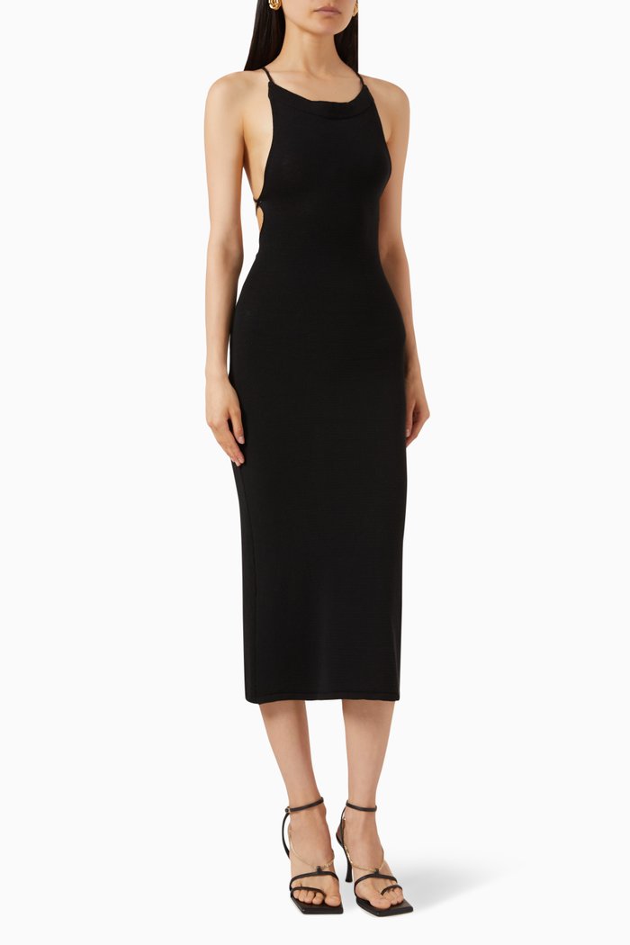 

Delicate Strap Bodycon Midi Dress in Cotton-blend, Black