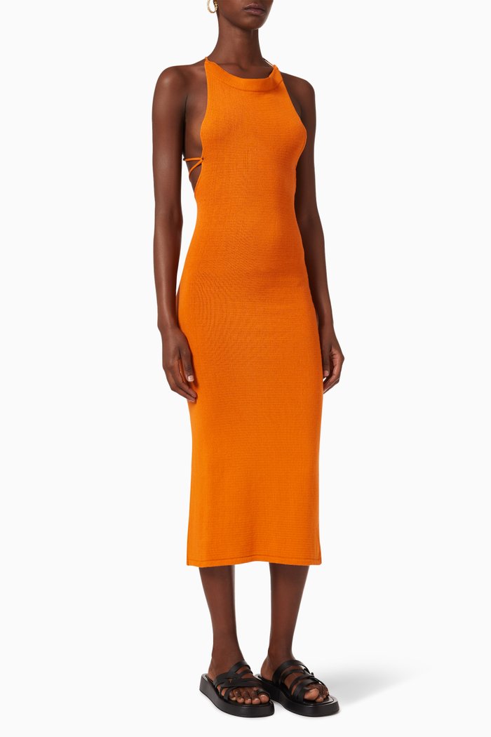 

Delicate Strap Bodycon Midi Dress in Cotton-blend, Orange