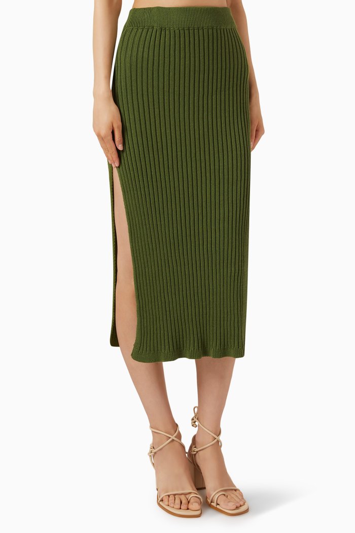 

Wise Ribbed Midi Skirt in Cotton-knit, Green