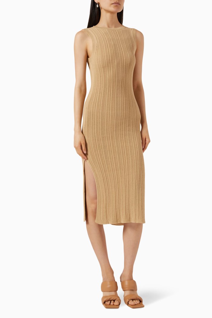 

Breezy Ribbed Midi Dress in Stretch Cotton-knit, Neutral