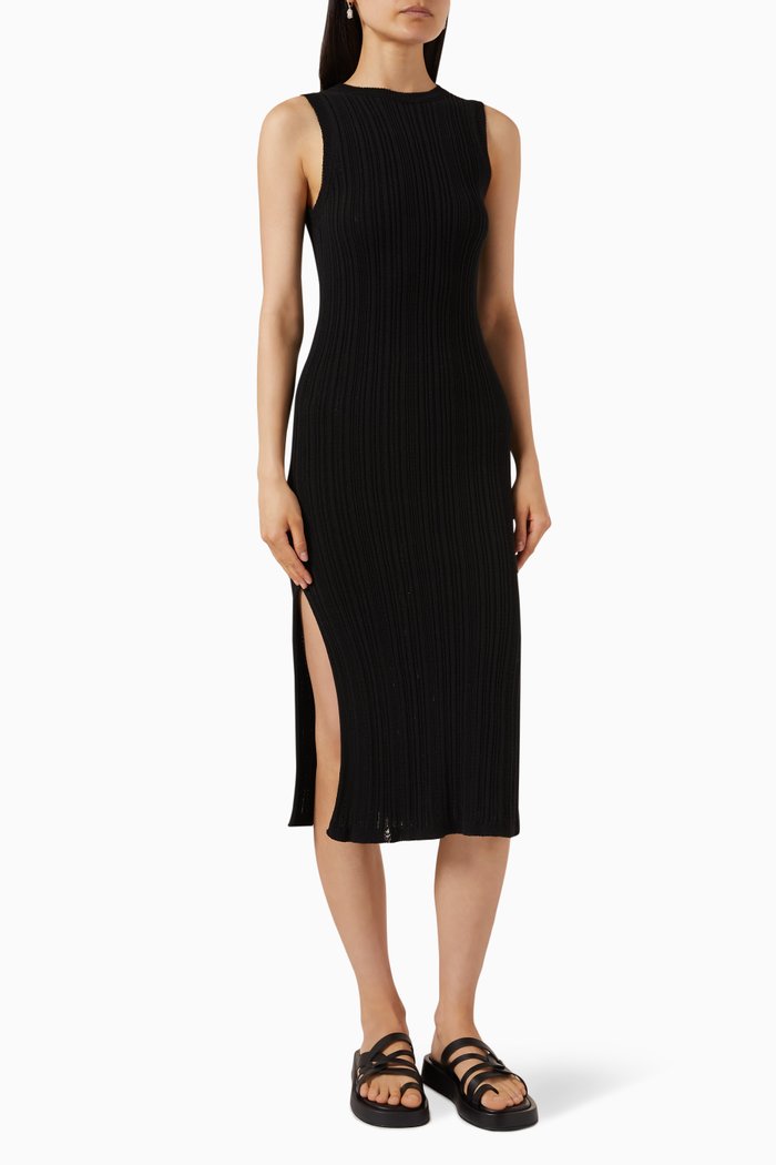 

Breezy Ribbed Midi Dress in Stretch Cotton-knit, Black