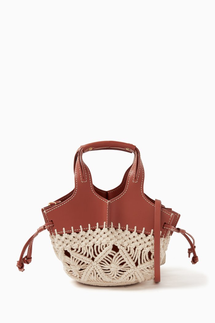 

Mini Iris Shopper Tote Bag in Macramé & Leather, Red