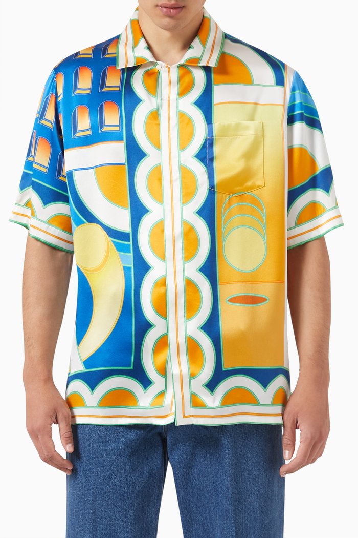 Short Sleeved Cuban Collar Shirt in Silk, Multicolour