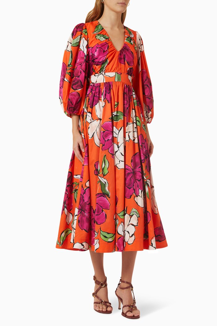 

Marlene Floral Midi Dress in Cotton, Red