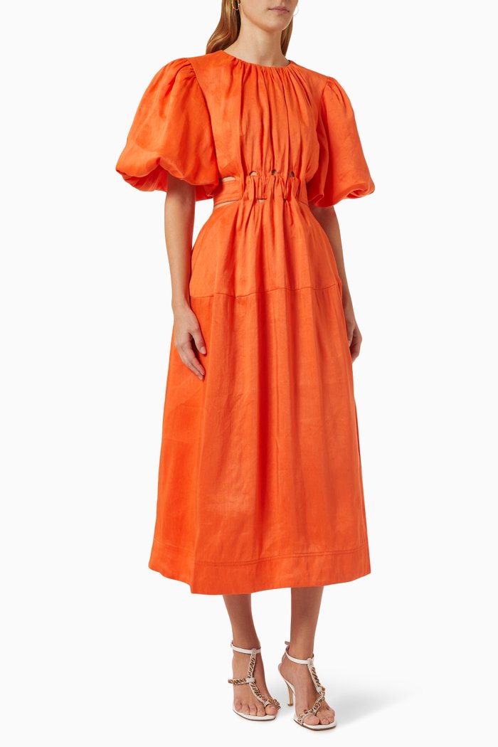 

Cosette Tie-back Midi Dress in Linen-blend, Orange