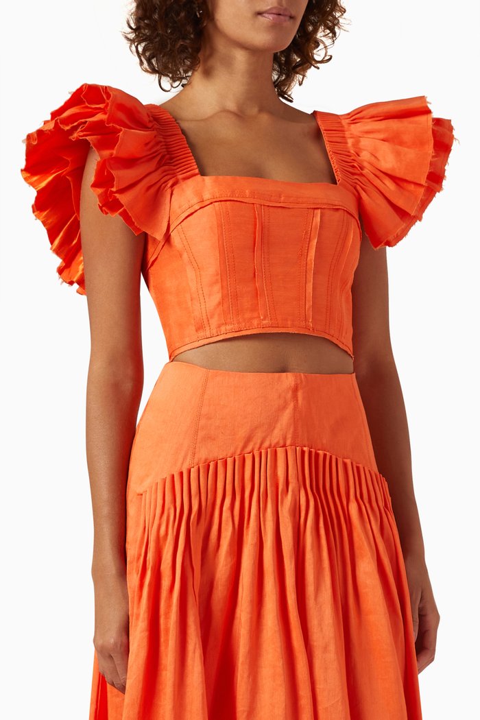 

Imagination Frill Sleeve Crop Top in Linen-blend, Orange