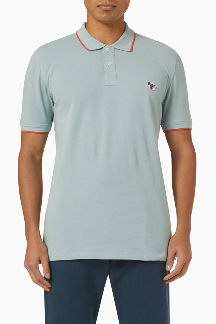 Broad Stripe Zebra Tipped Polo in Organic Cotton, Blue