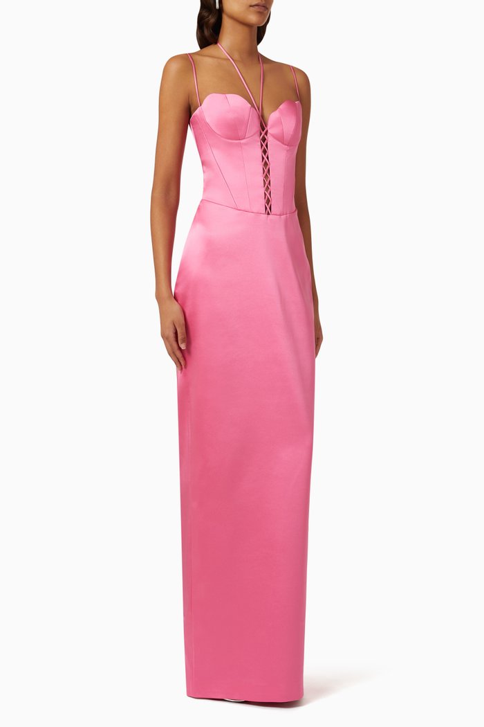 

Seashell Bustier Maxi Dress in Satin, Pink