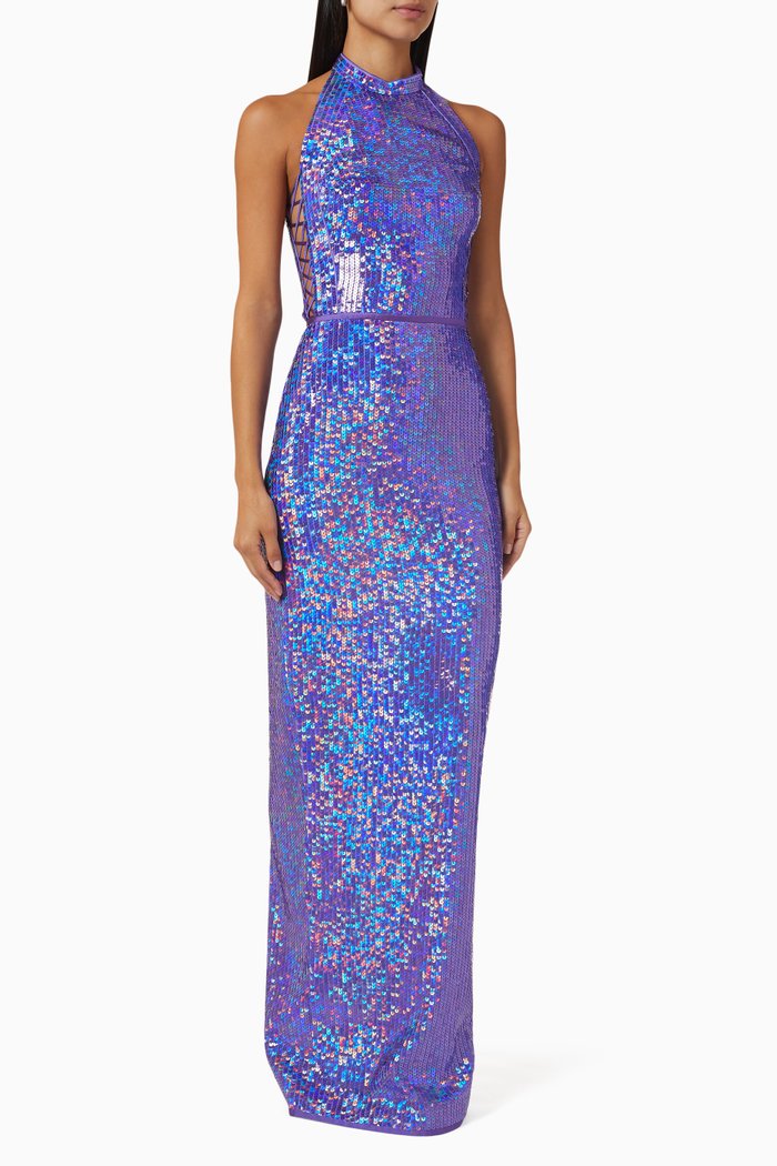 

Halterneck Maxi Dress in Sequin, Purple