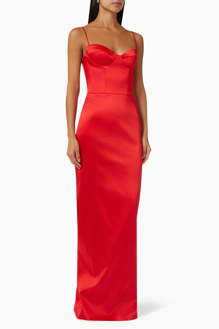 

Bustier Maxi Dress in Satin, Red