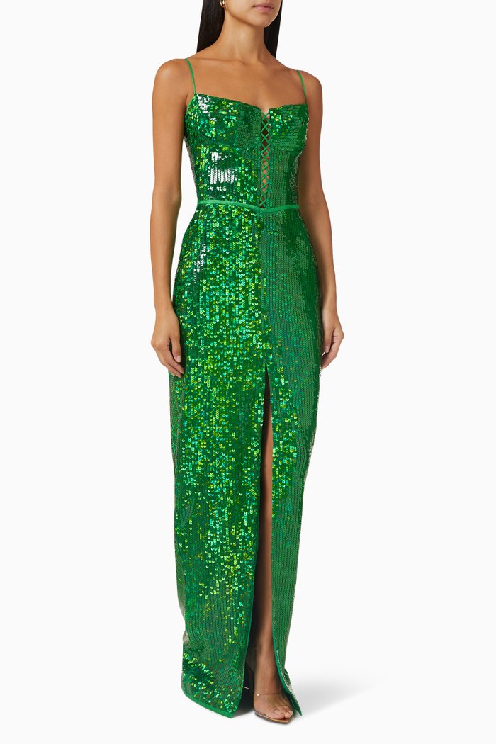 

Lace-up Maxi Dress in Sequin, Green