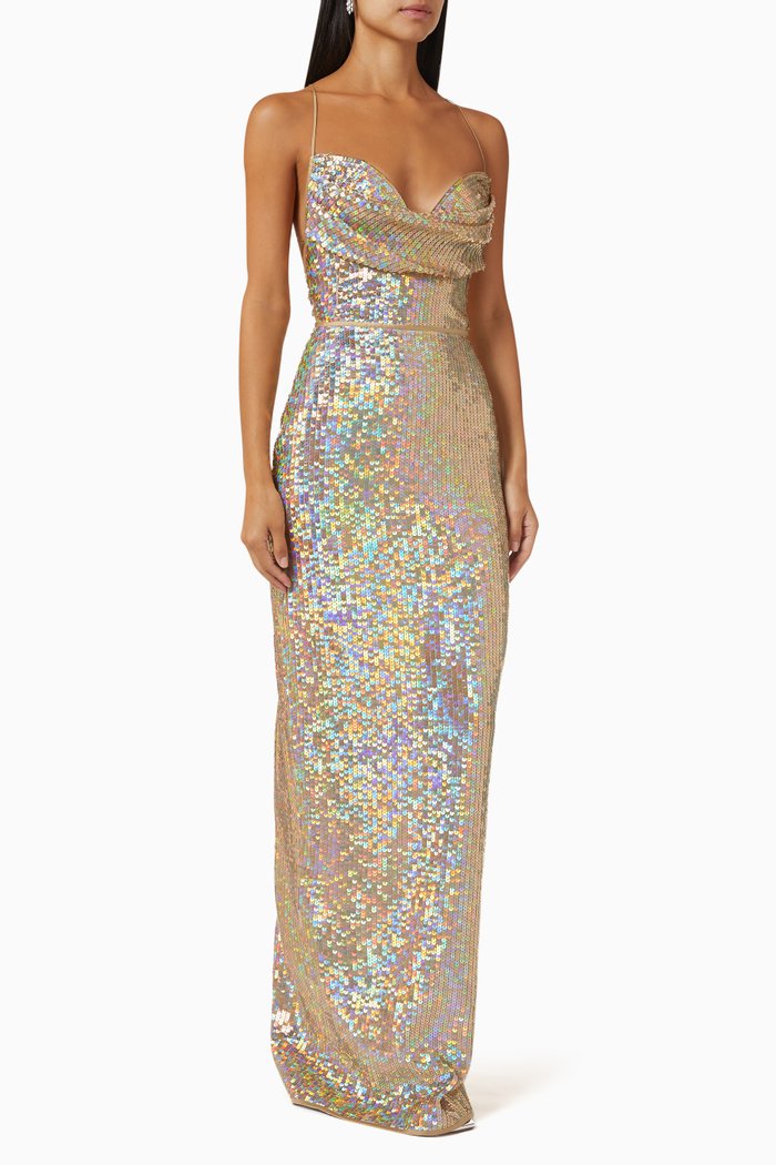 

Draped Maxi Dress in Sequin, Neutral
