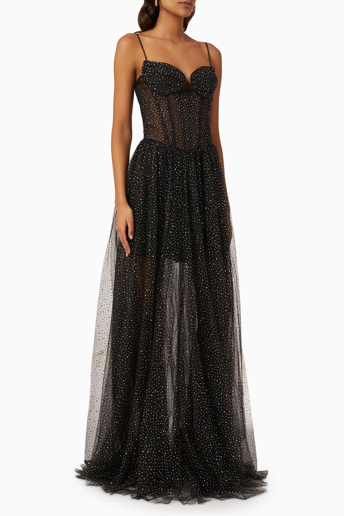 

Corset Maxi Dress in Tulle, Black