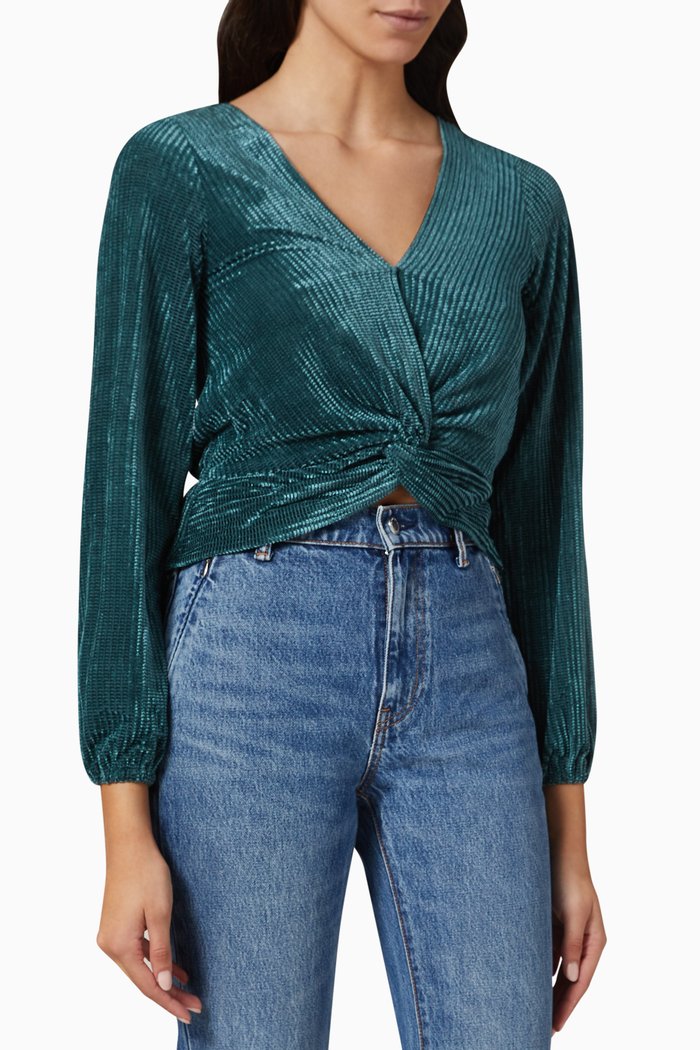 Kendra Twist-front Top in Velvet, Green